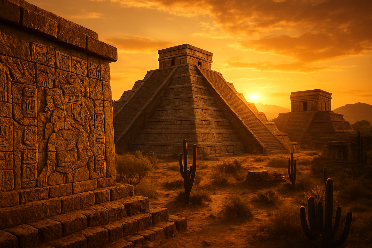 Create a realistic image of ancient Mesoamerican stone pyramids and temples under a golden sunset sky, with intricate carved stone reliefs and symbols on weathered walls, surrounded by desert landscape with cacti and native vegetation, featuring warm amber and orange lighting that creates long shadows across the archaeological site, evoking a sense of ancient wisdom and spiritual heritage, with a serene and mystical atmosphere that captures the essence of Toltec civilization and pre-Columbian knowledge traditions, absolutely NO text should be in the scene.