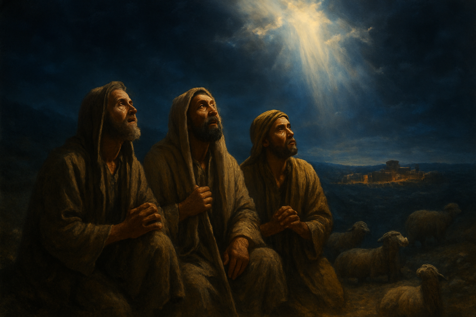 Create a realistic image of humble shepherds of mixed ethnicities including white and Middle Eastern males in simple, worn robes gathered on a hillside at night, with divine light breaking through dark clouds above them illuminating their faces with wonder and awe, sheep scattered nearby, ancient Jerusalem visible in the distance, warm golden and heavenly blue lighting contrasting with the dark sky, emphasizing the contrast between their lowly status and the miraculous divine encounter, absolutely NO text should be in the scene.