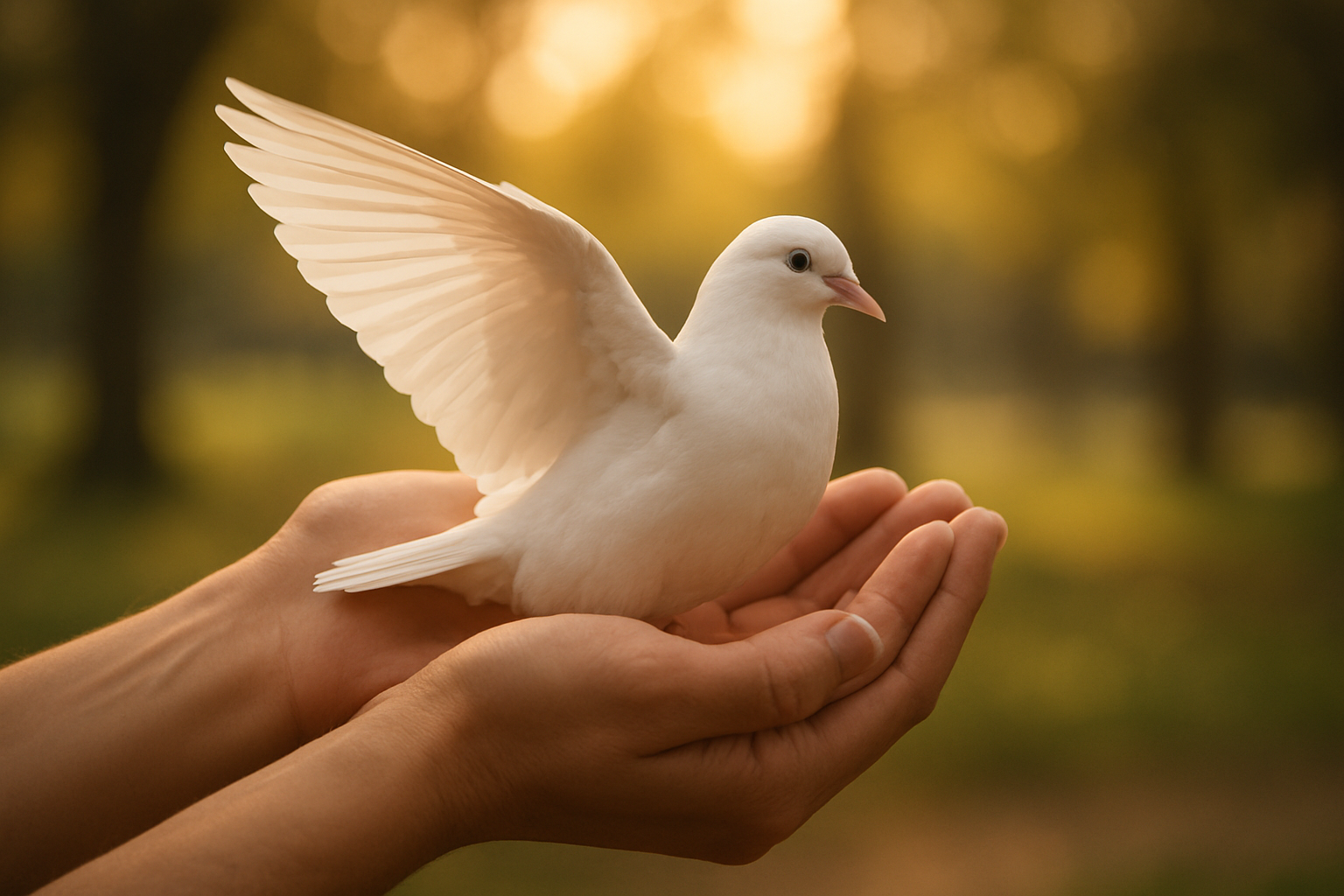 Create a realistic image of two hands gently cupped together in a protective gesture, holding a delicate white dove with outstretched wings, set against a soft golden hour background with warm, diffused lighting filtering through tall trees, creating a peaceful garden or park setting with blurred greenery, conveying a sense of safety, trust, and nurturing care through the tender positioning of the hands and the calm expression of the dove, with gentle shadows and highlights emphasizing the protective nature of the gesture, absolutely NO text should be in the scene.