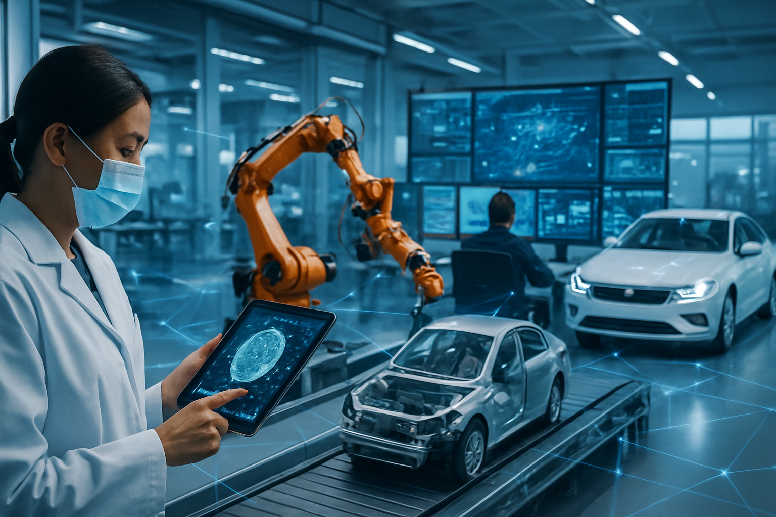 Create a realistic image of a modern industrial workspace showcasing multiple AI applications across different sectors: a healthcare professional using a tablet with medical imaging, manufacturing robots on an assembly line, a smart city control room with monitoring screens, and autonomous vehicles in the background, all connected by subtle digital network lines and glowing data points, set in a clean, well-lit environment with blue and white color scheme suggesting technological advancement and connectivity, absolutely NO text should be in the scene.
