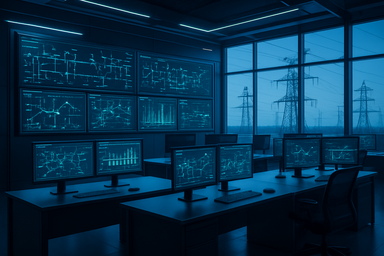 Create a realistic image of a modern power grid control center with multiple large monitors displaying real-time electrical grid networks, power flow diagrams, and data visualizations, featuring sleek computer workstations with glowing blue and green interface screens, electrical transmission towers and power lines visible through large windows in the background, ambient blue lighting throughout the high-tech facility, clean industrial architecture with glass and steel elements, and a futuristic atmosphere that conveys advanced AI technology integration, absolutely NO text should be in the scene.