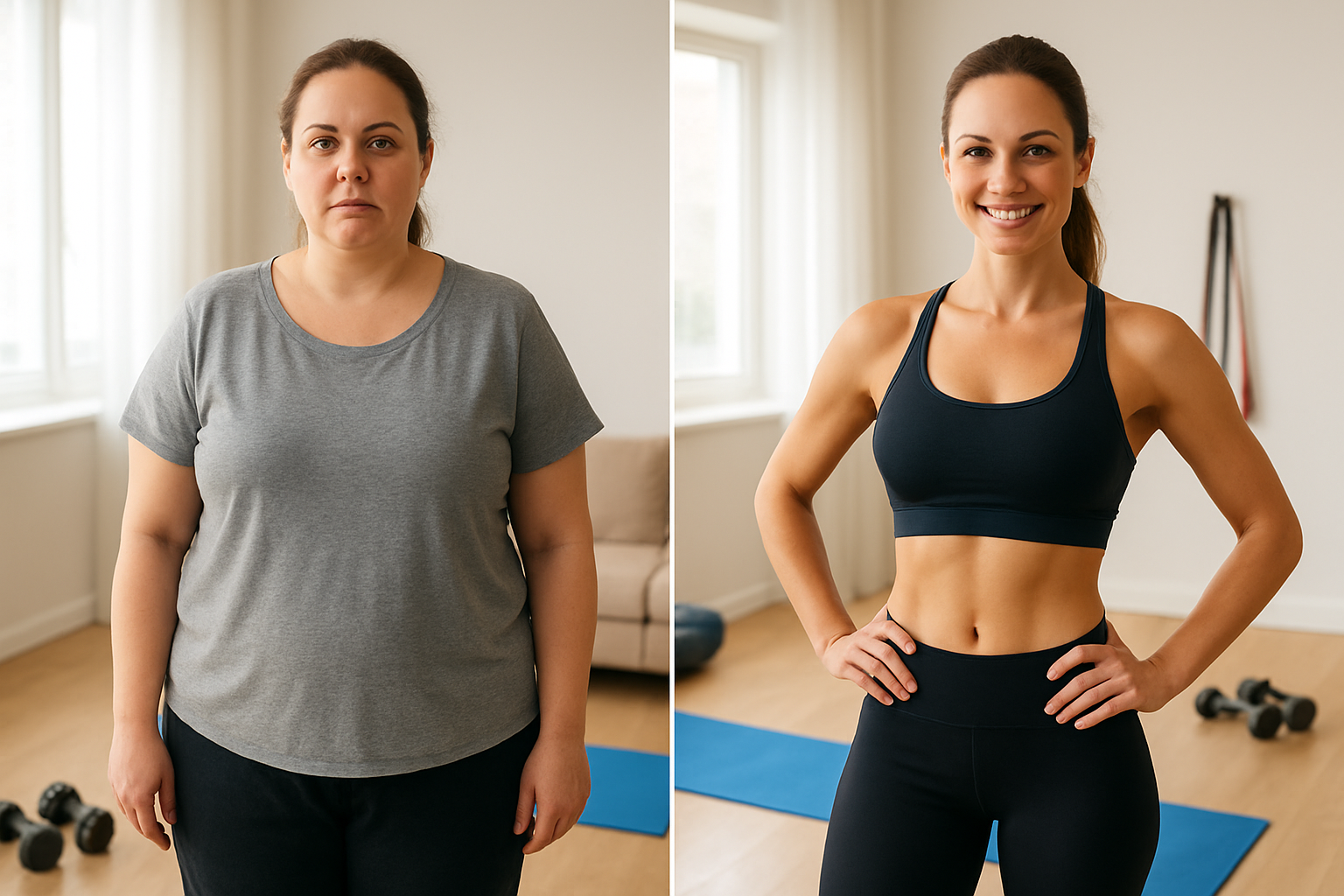 Create a realistic image of a split-screen composition showing before and after transformation results, with a white female on the left side looking less fit in loose workout clothes, and the same woman on the right side with a toned, fit physique wearing form-fitting athletic wear, both in home environments with workout equipment like dumbbells, yoga mats, and resistance bands visible in the background, bright natural lighting from windows, motivational and inspiring mood, Absolutely NO text should be in the scene.