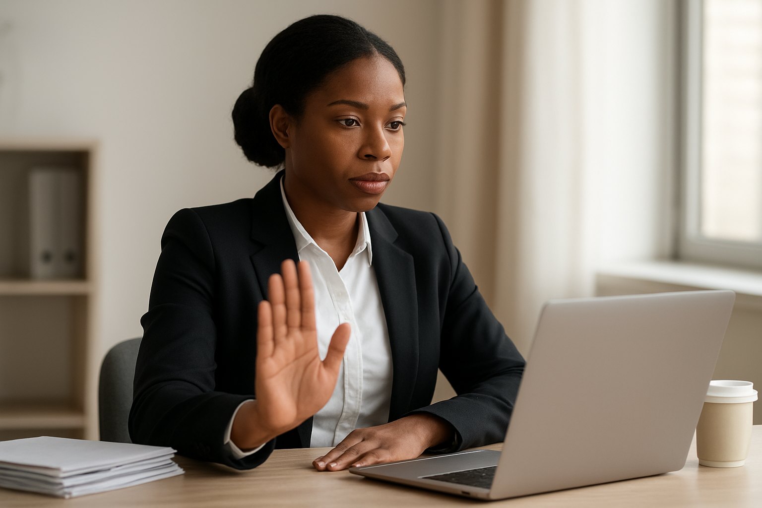 Create a realistic image of a confident black female professional in business attire sitting at a modern office desk, holding up her hand in a "stop" gesture while looking at her laptop screen, with a calm and assertive expression on her face, surrounded by a clean organized workspace with a few stacked papers and a coffee cup, soft natural lighting from a window in the background creating a peaceful yet determined atmosphere, absolutely NO text should be in the scene.