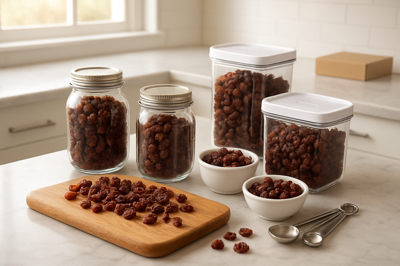 Create a realistic image of a well-organized kitchen countertop scene featuring multiple storage containers filled with raisins including glass mason jars, airtight plastic containers, and small bowls, with some raisins scattered on a wooden cutting board, kitchen measuring spoons nearby, a few raisin boxes in the background, warm natural lighting from a window, clean modern kitchen setting with marble countertops, absolutely NO text should be in the scene.