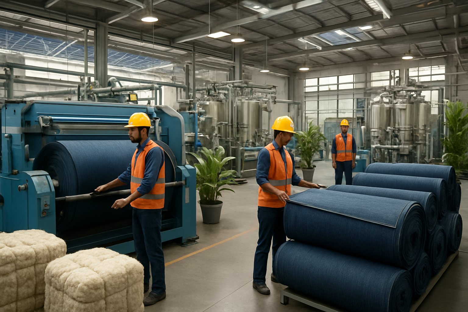 Create a realistic image of a modern sustainable denim manufacturing facility in India showing eco-friendly production processes, featuring large industrial machines with water recycling systems, solar panels visible on the factory roof, Indian male and female workers in safety gear operating sustainable textile equipment, organic cotton bales and premium denim fabric rolls, green plants integrated into the workspace design, natural lighting streaming through large windows combined with energy-efficient LED lighting, clean water treatment tanks in the background, and a professional industrial atmosphere that emphasizes environmental responsibility and premium quality production, absolutely NO text should be in the scene.
