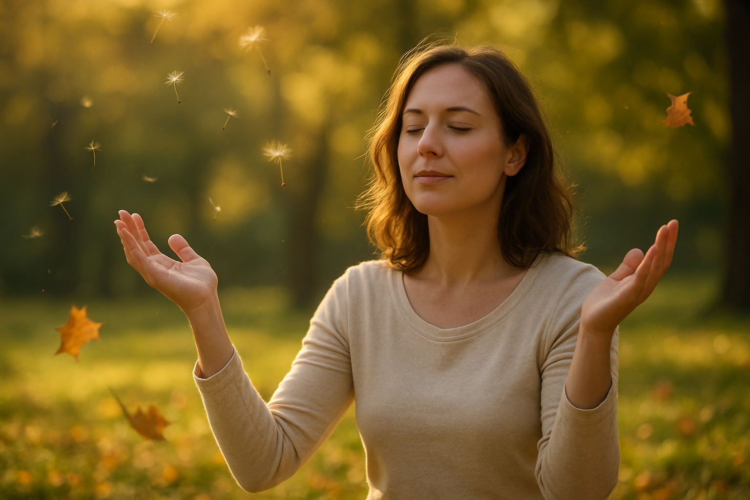 Create a realistic image of a peaceful white female in her 30s sitting in a serene outdoor setting with her eyes closed and arms gently raised upward in a gesture of release and acceptance, surrounded by soft morning sunlight filtering through trees, with floating dandelion seeds and autumn leaves drifting away in the gentle breeze symbolizing letting go, featuring a calm natural background of a park or garden with warm golden lighting creating a tranquil and liberating atmosphere, absolutely NO text should be in the scene.