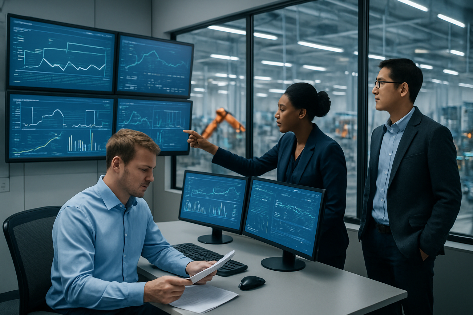 Create a realistic image of a modern manufacturing facility control room with multiple large monitors displaying data analytics dashboards and process flow charts, featuring a diverse team of three professionals - one white male engineer in a blue shirt reviewing implementation documents, one black female data analyst pointing at optimization metrics on screen, and one Asian male supervisor observing robotic assembly lines through floor-to-ceiling windows, with sleek industrial machinery and automated robotic arms visible in the background factory floor, bright professional lighting illuminating clean surfaces and high-tech equipment, conveying an atmosphere of precision, efficiency and strategic planning. Absolutely NO text should be in the scene.