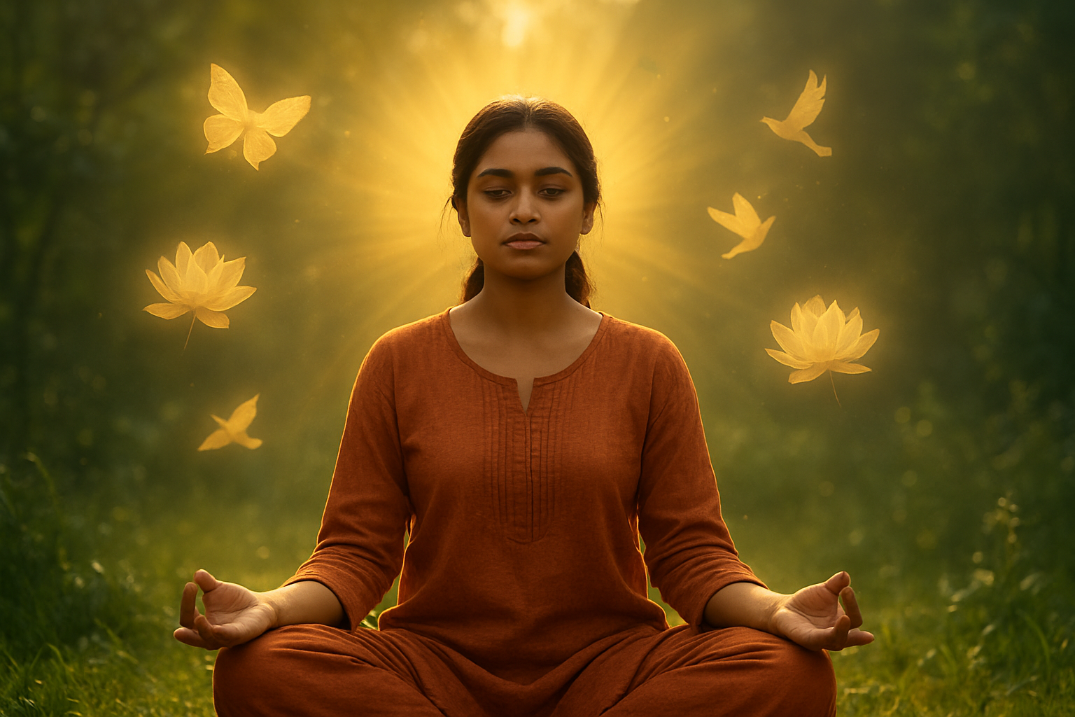 Create a realistic image of a South Asian female sitting peacefully in a meditation pose with her eyes closed, surrounded by soft golden light rays emanating from behind her, with gentle floating symbols of transformation like butterflies, blooming lotus flowers, and ascending birds in the background, set in a serene natural environment with lush greenery and a calm atmosphere that conveys positive life changes and spiritual growth, warm and uplifting lighting creating an aura of hope and transformation around the scene, absolutely NO text should be in the scene.