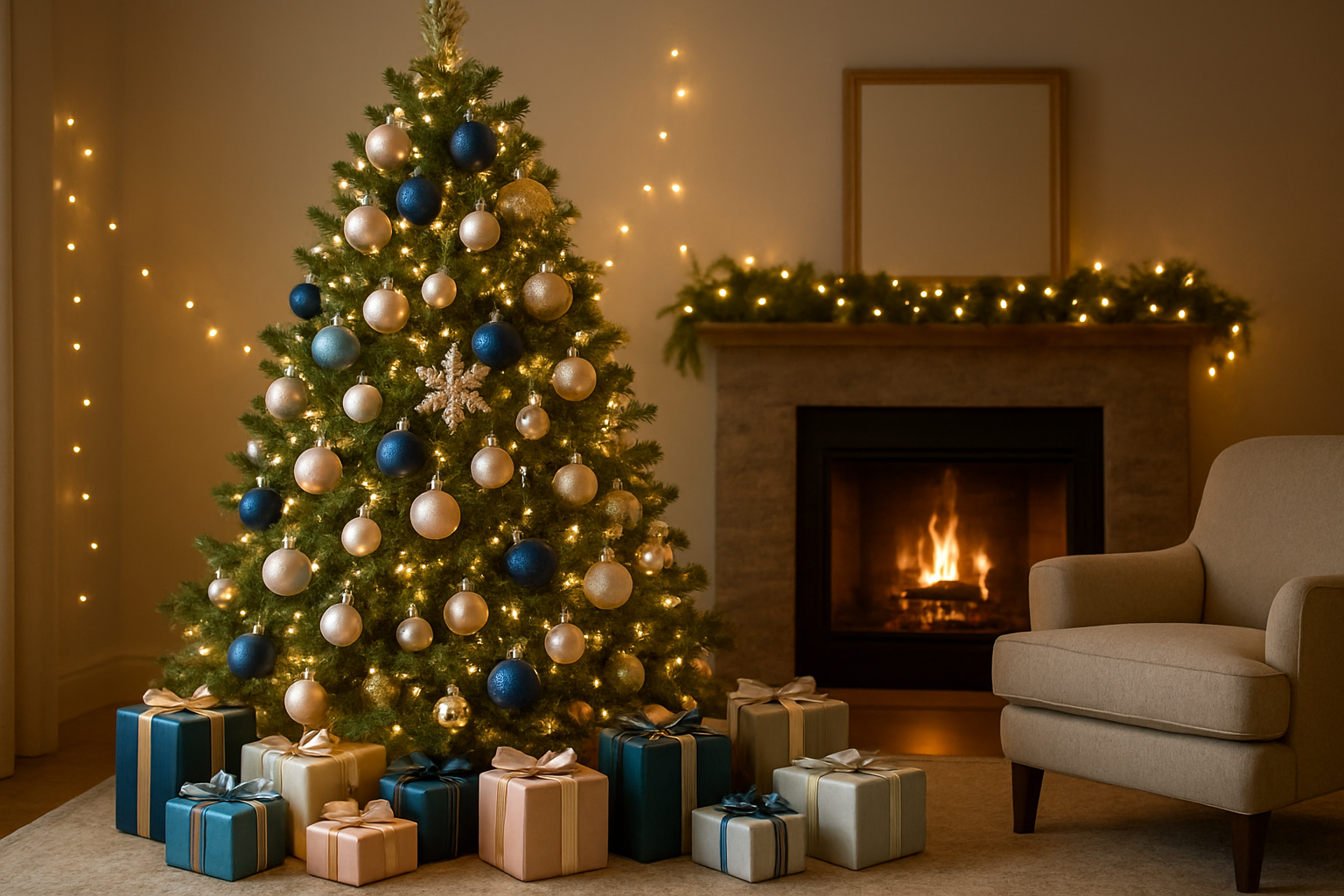 Create a realistic image of a beautifully decorated Christmas tree featuring non-traditional color schemes with ornaments in elegant shades of navy blue and gold, soft pastels of blush pink and cream, or modern combinations of silver and teal, set in a cozy living room with warm ambient lighting from string lights and a fireplace, showcasing how alternative color palettes can create stunning holiday decor that breaks away from classic red and green traditions, with wrapped gifts in coordinating colors beneath the tree and a comfortable armchair nearby, absolutely NO text should be in the scene.