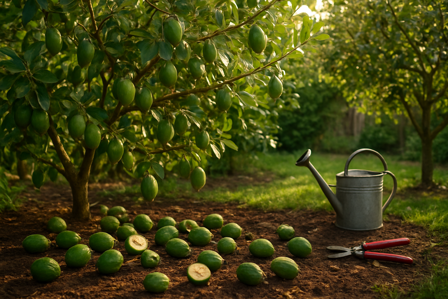 Create a realistic image of a lush home garden setting with multiple feijoa trees laden with oval-shaped green fruits, some cut open to show the translucent flesh inside, scattered ripe feijoas on the ground beneath the trees, a well-maintained backyard with rich soil, garden tools like a watering can and pruning shears nearby, warm golden sunlight filtering through the tree canopy creating dappled shadows, creating a peaceful and abundant homegrown paradise atmosphere, absolutely NO text should be in the scene.