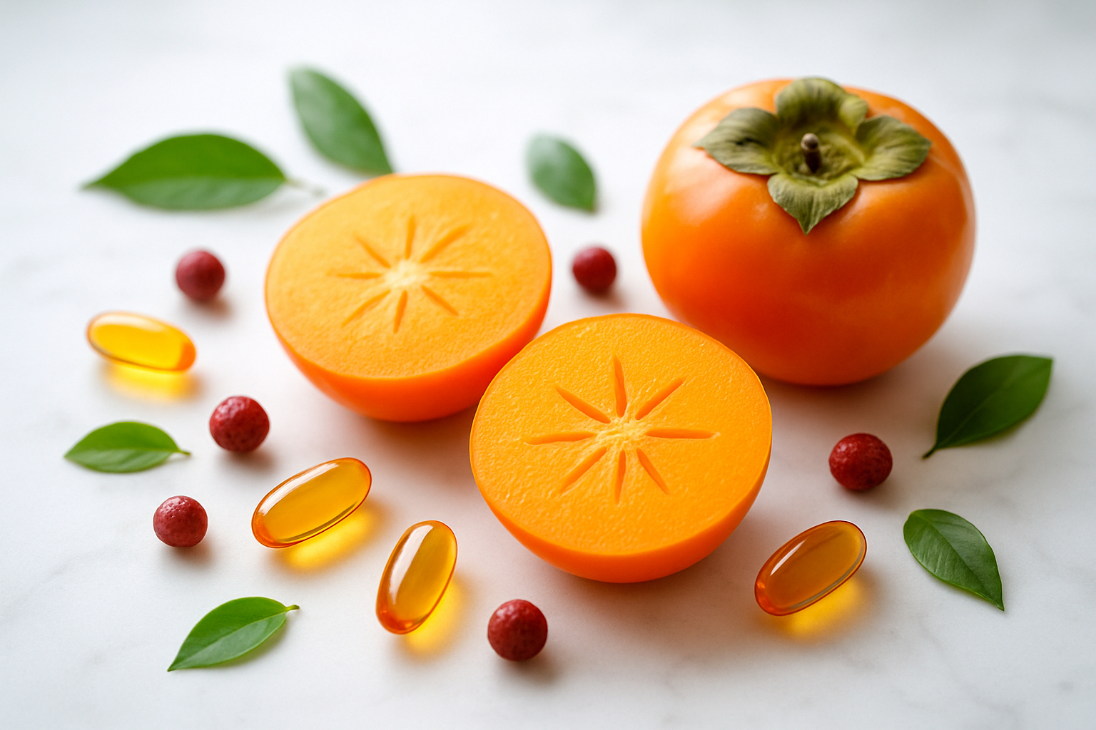 Create a realistic image of fresh, vibrant orange persimmon fruits cut in half and whole, artfully arranged on a clean white marble surface with subtle natural lighting, surrounded by scattered vitamin capsules, antioxidant symbols like small berries, and green leaves, showcasing the nutritional richness and health benefits, with a soft, bright background that emphasizes freshness and wellness, absolutely NO text should be in the scene.