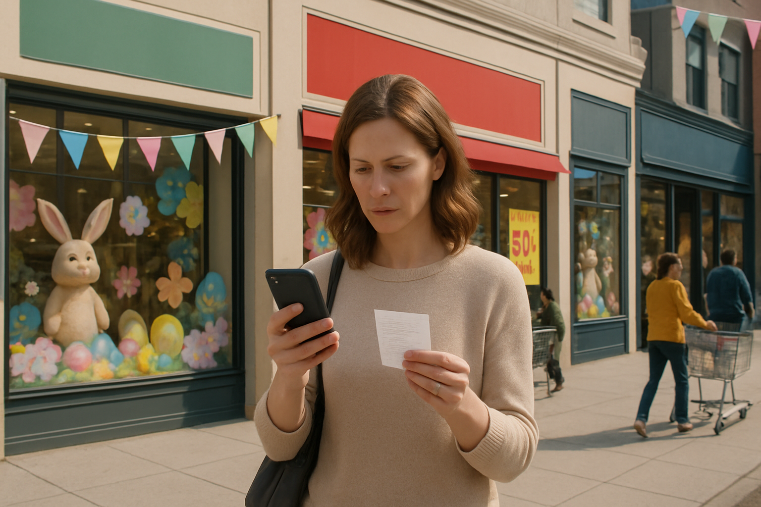 Create a realistic image of a busy shopping district with multiple retail stores visible including a large department store, discount retailer, and specialty shops, showing a white female shopper in her 30s holding a shopping list while comparing prices on her smartphone, with Easter decorations like pastel banners and bunny displays in store windows, bright daylight creating clear visibility of store signs and price tags, shopping carts and other shoppers in the background creating a bustling commercial atmosphere, absolutely NO text should be in the scene.
