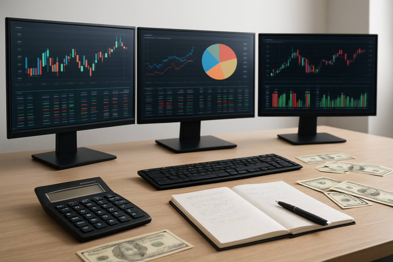 Create a realistic image of a modern office desk with multiple computer monitors displaying colorful charts, graphs, and financial data comparing trading platform fees, with a calculator, notebook with handwritten numbers, and scattered dollar bills on the desk surface, clean white background with soft natural lighting from the side, professional business atmosphere, absolutely NO text should be in the scene.