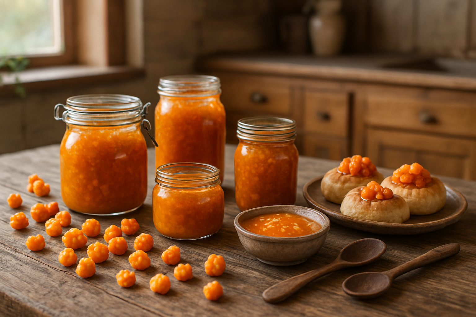 Create a realistic image of a rustic wooden kitchen table displaying various traditional cloudberry preparations including cloudberry jam in glass jars, fresh cloudberries scattered on the surface, cloudberry sauce in a small ceramic bowl, traditional Nordic pastries topped with cloudberries, and vintage wooden spoons, set against a cozy Scandinavian kitchen background with warm natural lighting from a window, Absolutely NO text should be in the scene.