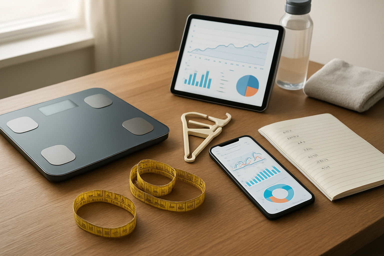 Create a realistic image of a fitness tracking setup on a wooden desk featuring a digital scale, measuring tape, body fat calipers, a smartphone displaying a fitness app with graphs and charts, a tablet showing progress data, and a notebook with handwritten measurements, all arranged neatly with soft natural lighting from a nearby window, clean modern background with subtle fitness elements like a water bottle and small towel, professional and organized atmosphere conveying data analysis and health monitoring, absolutely NO text should be in the scene.