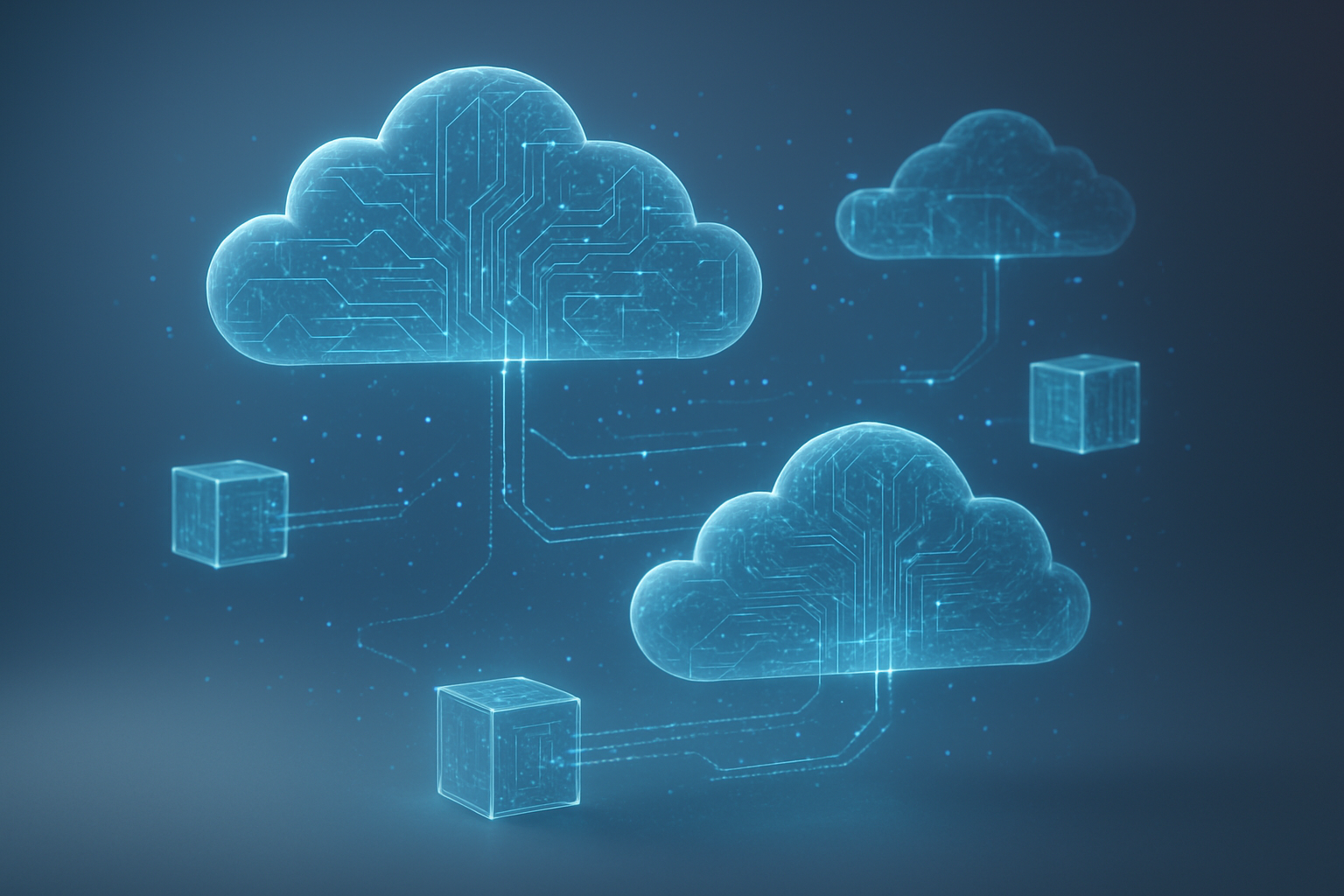 Create a realistic image of a futuristic digital landscape showing interconnected floating transparent cloud formations with glowing circuit patterns and data streams flowing between them, WebAssembly cube-shaped modules seamlessly integrating into an ethereal network infrastructure, with subtle holographic elements representing invisible backend processes, set against a clean gradient background transitioning from deep blue to light gray, featuring soft ambient lighting that creates a sense of technological evolution and seamless connectivity, with particle effects suggesting data flow and computational processes happening invisibly, absolutely NO text should be in the scene.