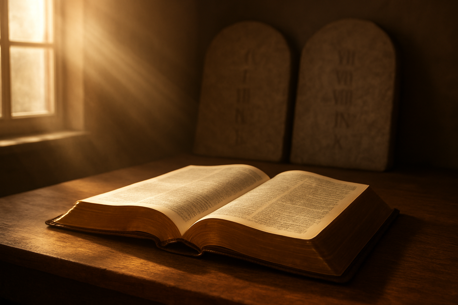 Create a realistic image of an open Bible with golden pages lying on a wooden table, surrounded by soft warm lighting from a window, with two stone tablets partially visible in the background representing the commandments, and gentle rays of sunlight streaming across the scene creating a peaceful, reverent atmosphere that emphasizes the sacred nature of divine love and commandments, absolutely NO text should be in the scene.