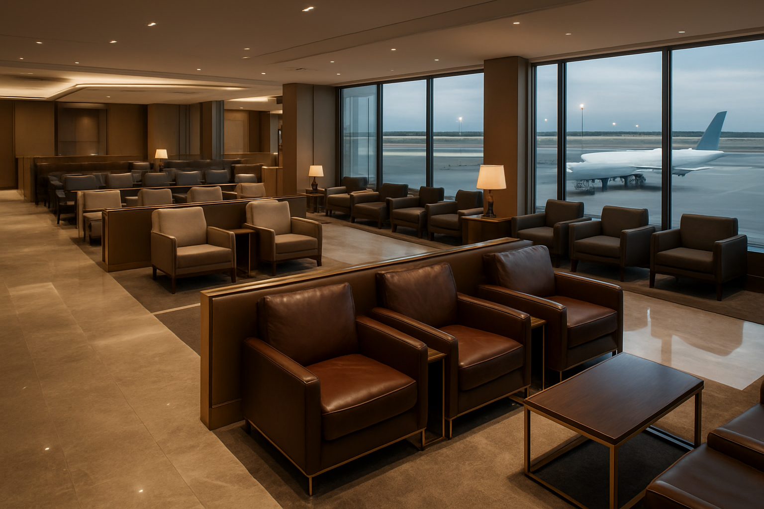 Create a realistic image of an elegant airport lounge interior with multiple tiers of seating areas clearly showing different levels of luxury, featuring plush leather chairs and premium amenities in the foreground for highest tier members, standard comfortable seating in the middle section, and basic seating in the background, with warm ambient lighting, floor-to-ceiling windows showing aircraft on the tarmac, polished marble floors, and subtle color-coded zone indicators like gold, silver, and bronze accents on furniture and fixtures to represent different status levels, absolutely NO text should be in the scene.