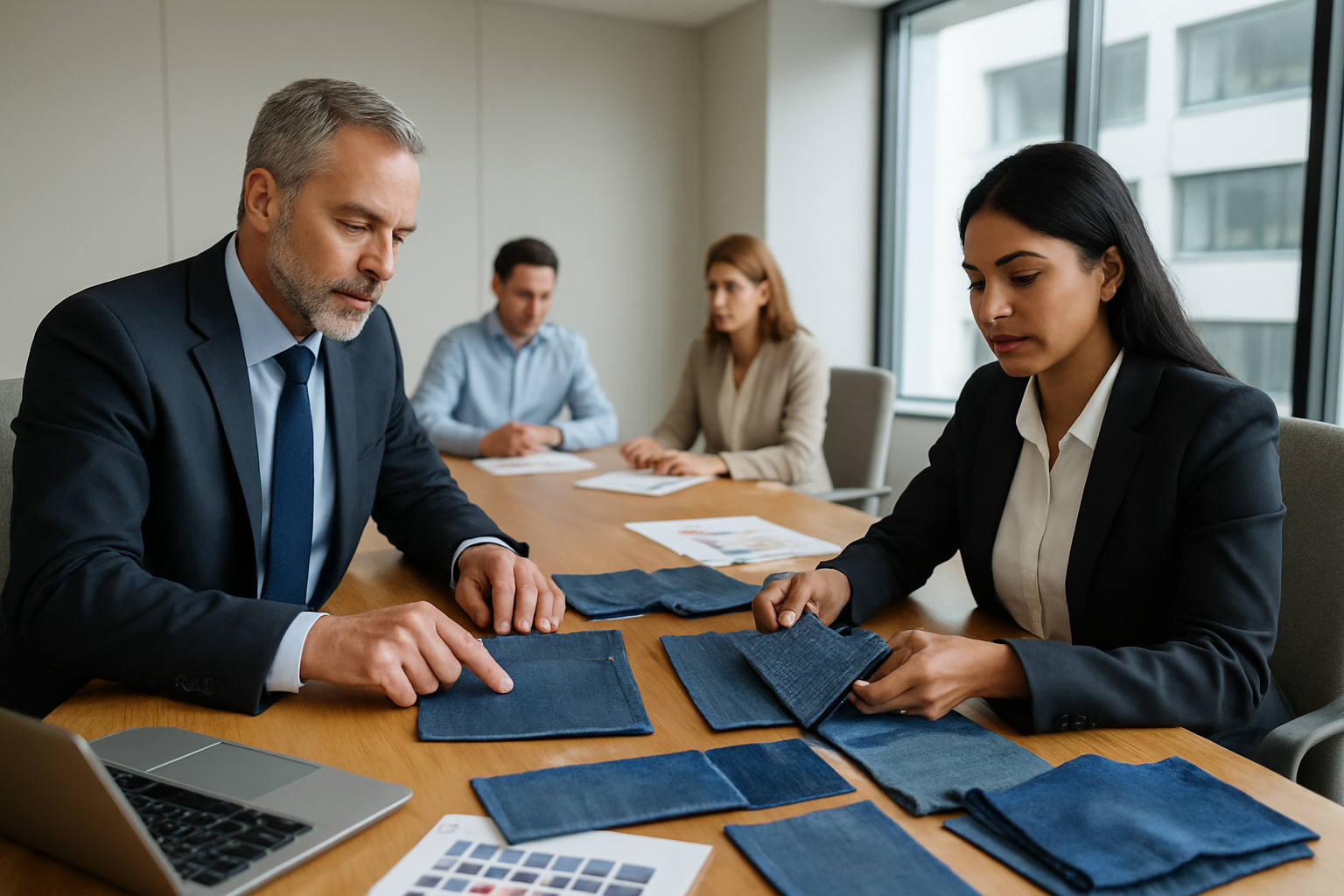 Create a realistic image of a modern office conference room with a large wooden table where fashion industry professionals are reviewing denim fabric samples and design sketches, featuring a middle-aged white male importer in a business suit pointing at fabric swatches while an Indian female manufacturer in professional attire shows different denim textures, with laptops, color charts, and various blue denim fabric pieces spread across the table, bright natural lighting from large windows, clean contemporary office environment with neutral colors, professional business atmosphere focused on collaboration and product development, absolutely NO text should be in the scene.