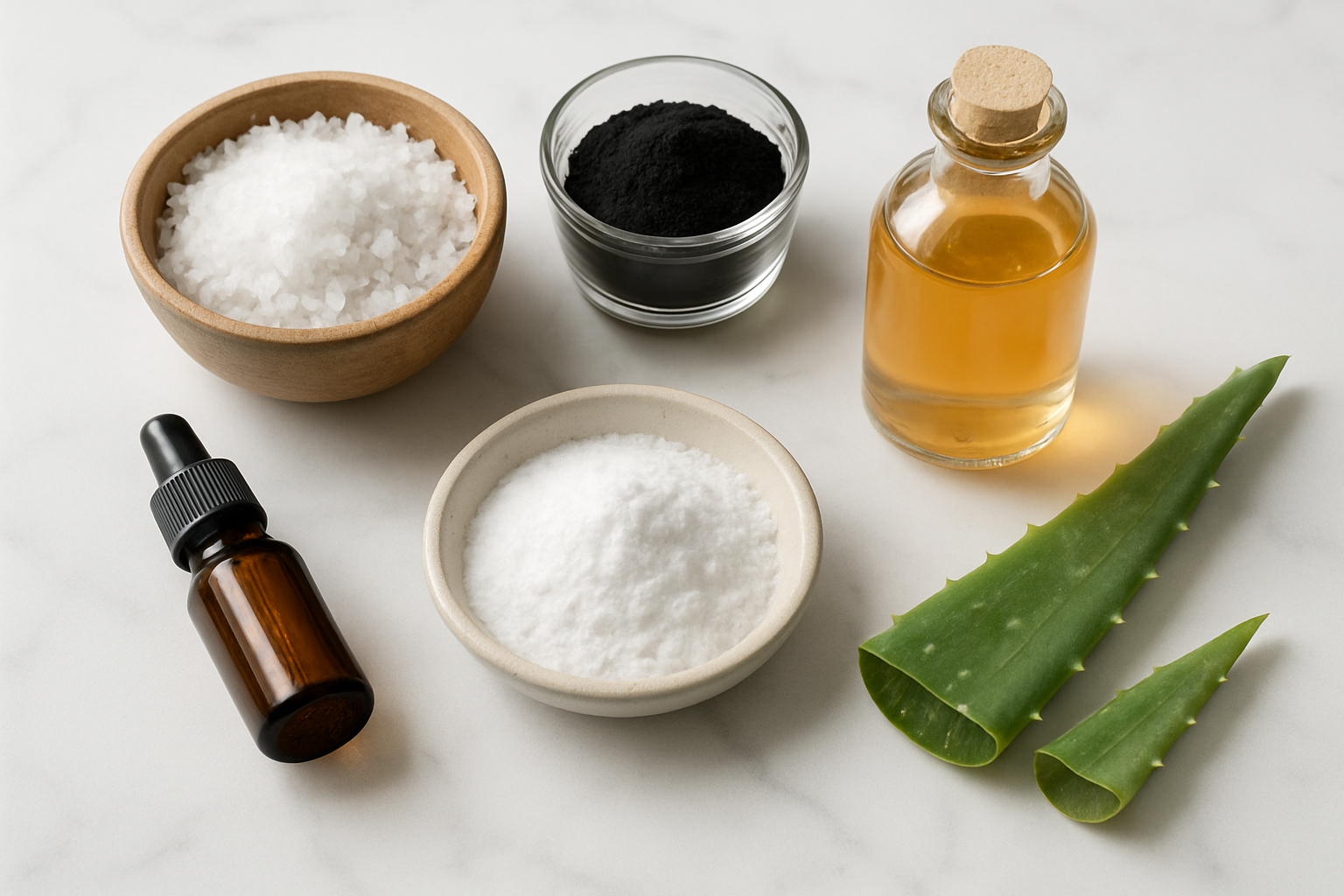 Create a realistic image of various natural scalp detox ingredients artfully arranged on a clean white marble surface, including sea salt in a wooden bowl, activated charcoal powder in a glass container, apple cider vinegar in a clear bottle, tea tree oil in a small amber dropper bottle, baking soda in a ceramic dish, and fresh aloe vera leaves cut to show the gel inside, with soft natural lighting from above creating gentle shadows, conveying a spa-like wellness atmosphere focused on hair care ingredients, absolutely NO text should be in the scene.