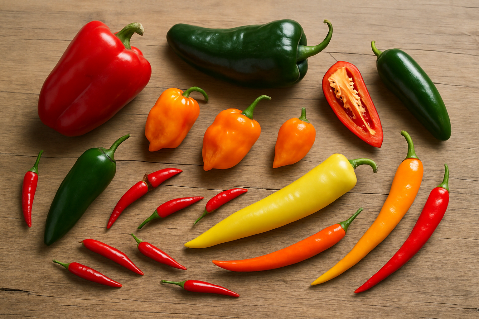 Create a realistic image of a diverse collection of chili peppers arranged on a rustic wooden surface, featuring various types including red bell peppers, green jalapeños, orange habaneros, yellow banana peppers, small red Thai chilies, large poblano peppers, and colorful cayenne peppers, with natural daylight illuminating the vibrant colors and textures of each pepper variety, some peppers whole and others cut in half to show their interior seeds and flesh, creating an educational display that showcases the wide range of sizes, shapes, and colors found in different chili pepper varieties, with a clean neutral background that emphasizes the peppers as the main focus, absolutely NO text should be in the scene.
