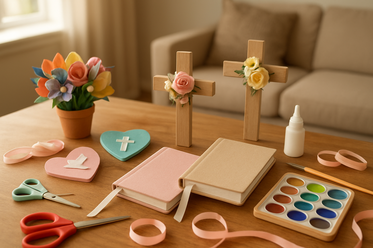 Create a realistic image of a cozy indoor craft table with various faith-based Mother's Day crafts including handmade crosses decorated with flowers, prayer journals with ribbon bookmarks, painted wooden hearts with inspirational symbols, colorful paper flower bouquets, and craft supplies like ribbons, glue, scissors, and watercolor paints scattered around, set against a warm living room background with soft natural lighting from a nearby window, absolutely NO text should be in the scene.