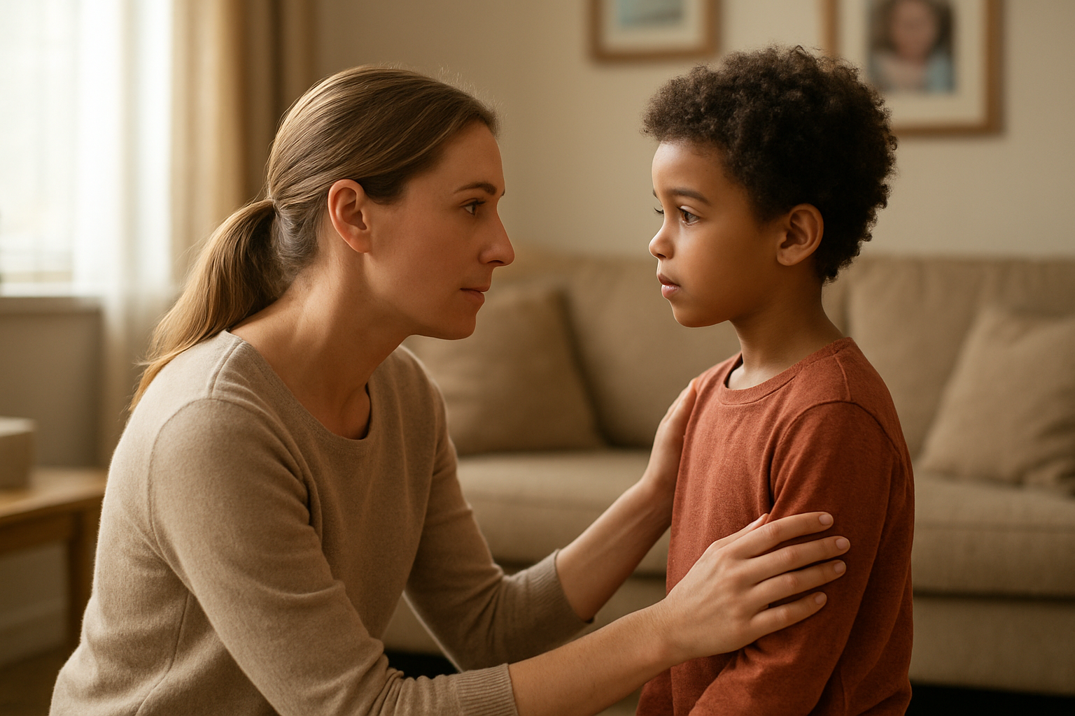 Create a realistic image of a warm, nurturing scene showing a white female parent kneeling at eye level with a young mixed-race child (around 6 years old) in a cozy living room, the parent's hands gently placed on the child's shoulders in a caring, supportive gesture while having a calm conversation, soft natural lighting streaming through a window creating a peaceful atmosphere, comfortable furniture and family photos visible in the blurred background, both figures displaying calm and understanding expressions that convey love-based guidance and connection, absolutely NO text should be in the scene.