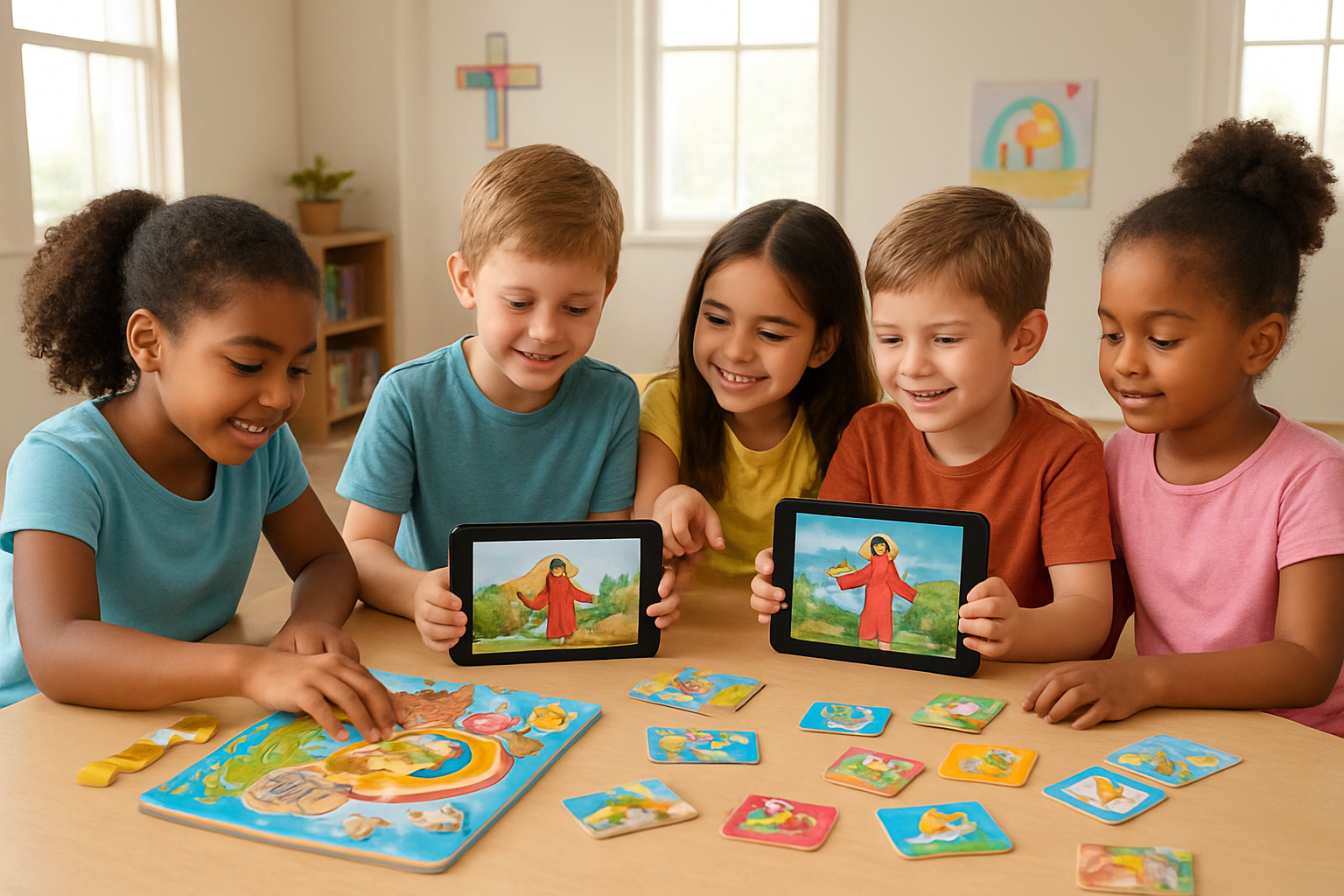 Create a realistic image of a diverse group of children ages 4-12 including white, black, and Hispanic boys and girls gathered around a table playing Christian-themed educational board games and using tablets displaying Bible story apps, with colorful Christian educational materials like Noah's ark puzzle pieces, Bible verse memory cards, and religious learning games scattered on the table, set in a bright, cheerful Sunday school classroom with soft natural lighting from windows, creating a warm and engaging learning atmosphere, absolutely NO text should be in the scene.
