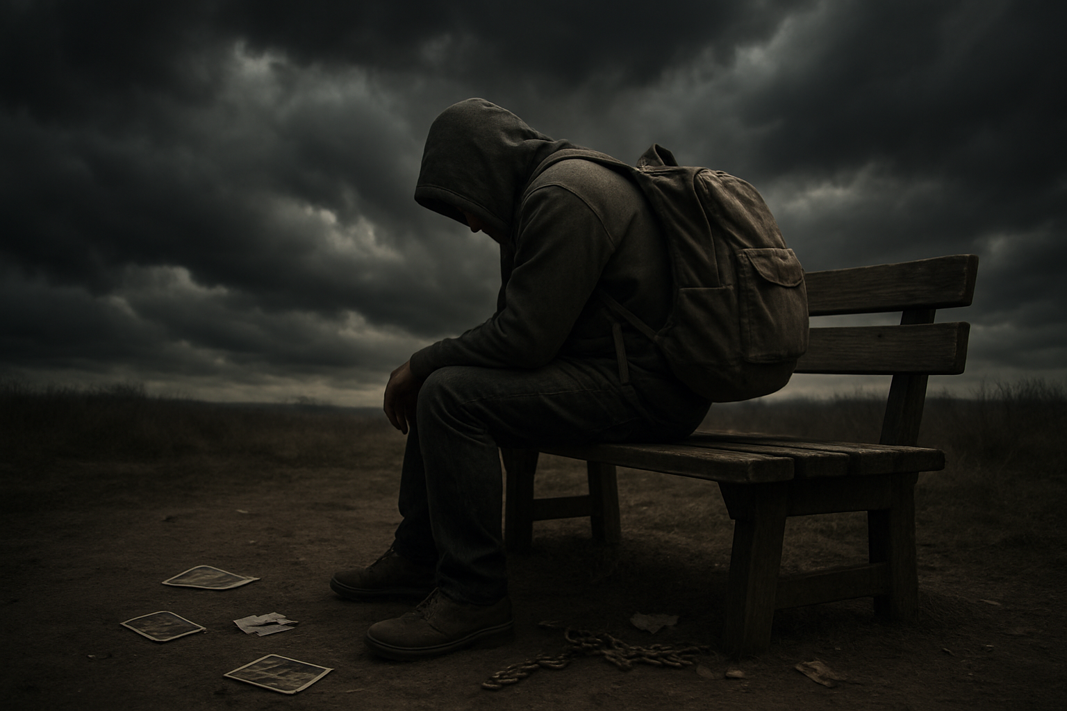 Create a realistic image of a person sitting alone on a wooden bench with their head bowed down and shoulders slumped, carrying a heavy worn backpack that appears to be weighing them down, surrounded by dark storm clouds overhead casting shadows, with scattered old photographs, crumpled papers, and broken chains lying on the ground around their feet, set in a desolate outdoor environment with muted gray and brown tones, dramatic lighting filtering through the clouds creating a somber and contemplative mood. Absolutely NO text should be in the scene.