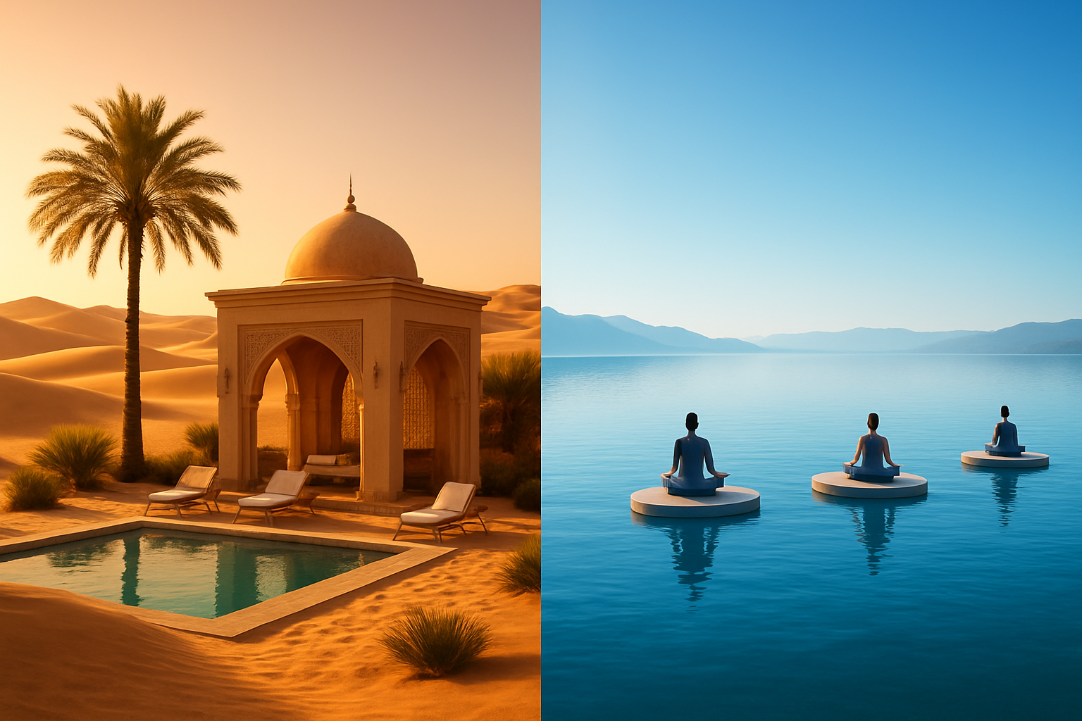 Create a realistic image of a split composition showing a serene desert wellness resort with sand dunes, palm trees, and a luxurious spa pavilion with Middle Eastern architecture on one side, contrasting with a tranquil blue water therapy scene featuring a pristine lake or ocean with floating meditation platforms on the other side, warm golden desert lighting meets cool blue aquatic ambiance, peaceful and rejuvenating atmosphere, absolutely NO text should be in the scene.