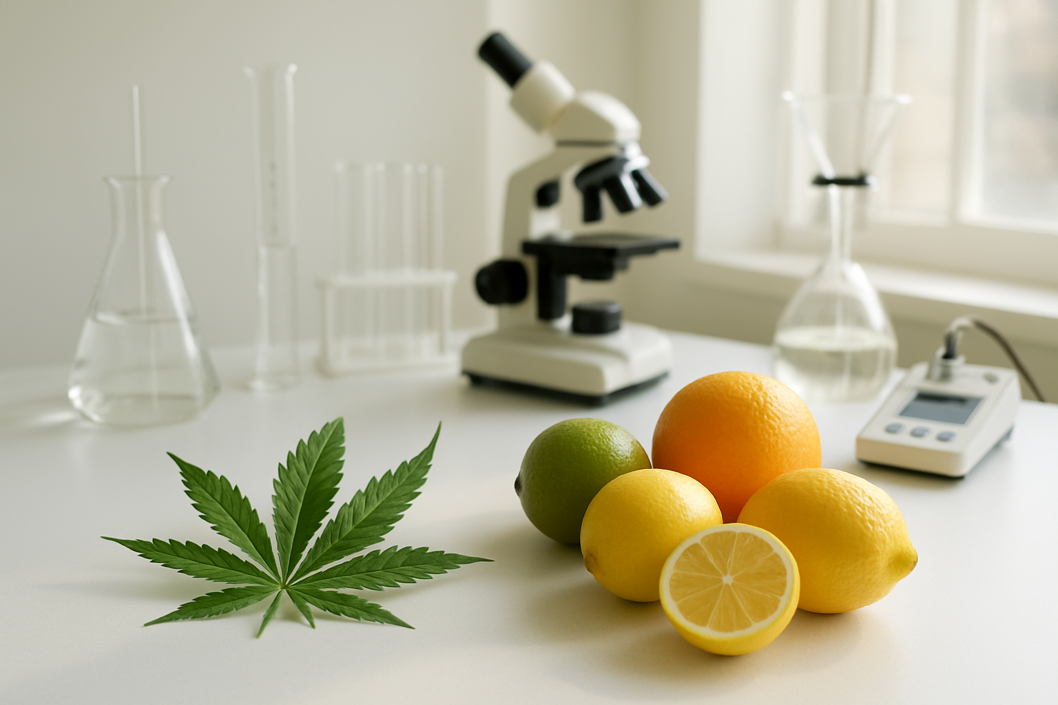 Create a realistic image of a clean, modern laboratory workspace featuring a cannabis leaf alongside fresh citrus fruits including lemons, limes, and oranges, with scientific glass equipment and testing instruments in the background, soft natural lighting from a window illuminating the scene, creating an educational and professional atmosphere that bridges natural botanicals with scientific analysis, absolutely NO text should be in the scene.