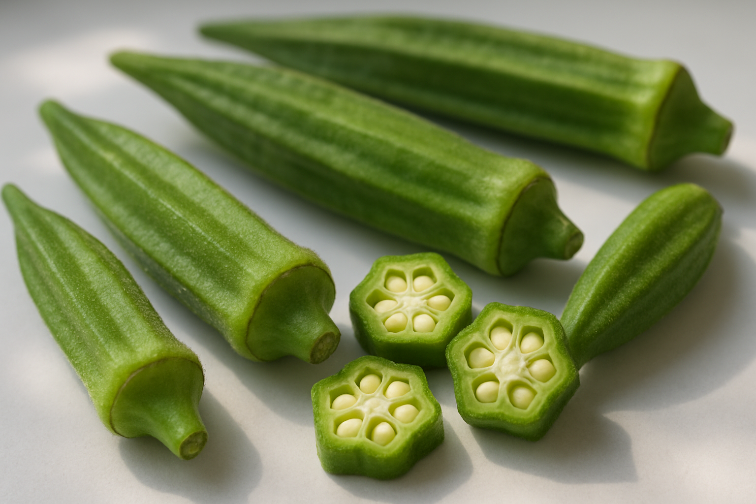 Create a realistic image of fresh okra pods displaying their distinctive physical characteristics, showing whole green ribbed pods of varying sizes from small to large, some cut in cross-section revealing the white seeds and star-shaped interior pattern, arranged on a clean white surface with natural daylight illuminating the vegetables to highlight their fuzzy texture, elongated tapered shape, and vibrant green color variations, with shallow depth of field focusing on the detailed surface ridges and natural imperfections of the okra pods, absolutely NO text should be in the scene.
