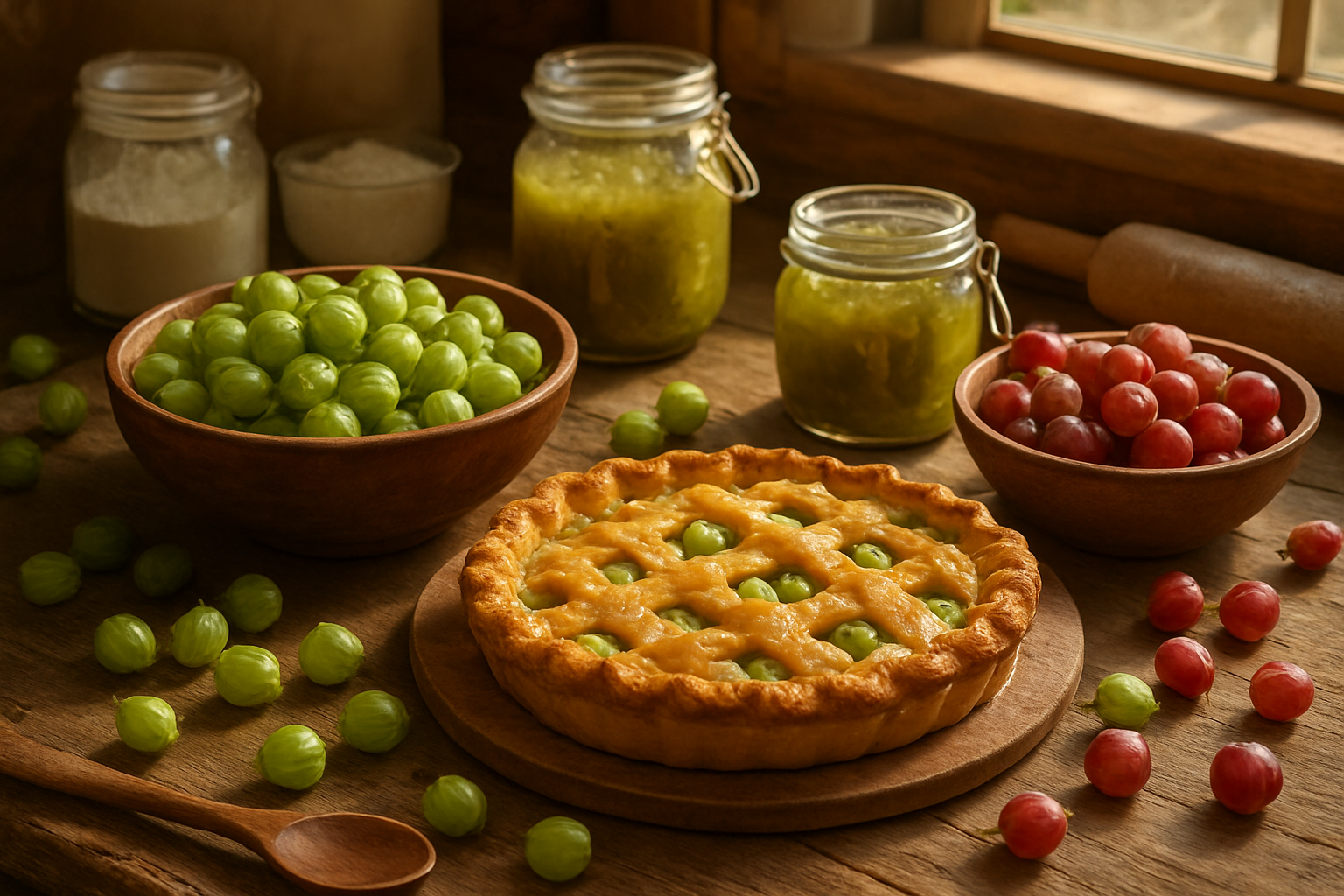 Create a realistic image of fresh gooseberries being used in various culinary preparations, featuring a rustic wooden kitchen counter with bowls of green and red gooseberries, a homemade gooseberry pie with golden crust, glass jars of gooseberry jam, fresh gooseberries scattered around, wooden spoons, and baking ingredients like flour and sugar in the background, warm natural lighting streaming through a kitchen window creating a cozy cooking atmosphere, absolutely NO text should be in the scene.