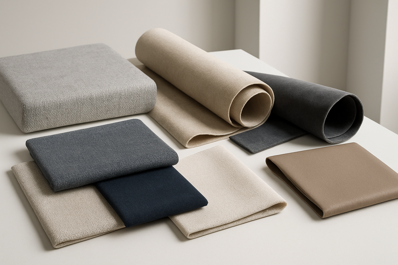 Create a realistic image of various modern sofa fabric samples and materials displayed elegantly, showing different textures including velvet, linen, leather, microfiber, and cotton upholstery swatches in contemporary colors like gray, beige, navy blue, and cream, arranged on a clean white surface with some fabric rolls partially unfolded, modern furniture showroom lighting casting soft shadows, minimalist background with subtle architectural elements, professional product photography style lighting. Absolutely NO text should be in the scene.