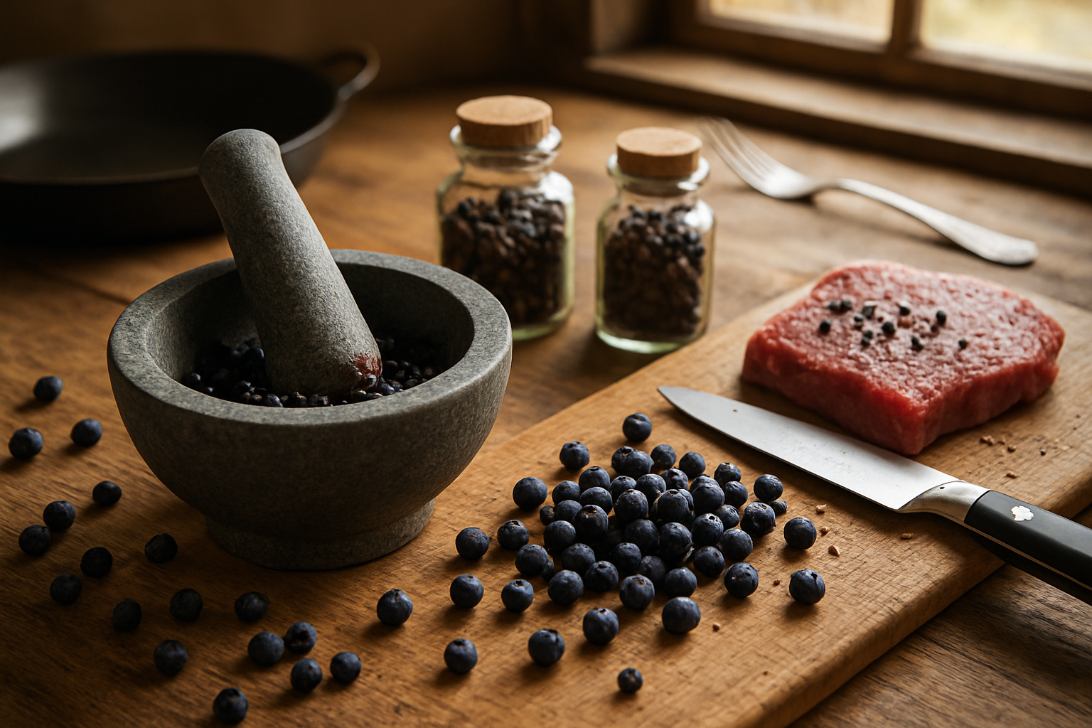Create a realistic image of juniper berries being used in culinary preparation, showing a wooden cutting board with fresh juniper berries scattered around, a mortar and pestle with crushed berries, small glass spice jars filled with dried juniper berries, raw meat being seasoned, and cooking utensils on a rustic kitchen counter, with warm natural lighting from a window creating an inviting culinary atmosphere, absolutely NO text should be in the scene.