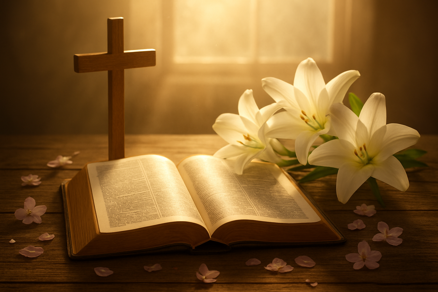 Create a realistic image of an open Bible with golden sunlight streaming across its pages, surrounded by Easter symbols including white lilies, a wooden cross, and scattered cherry blossom petals on a rustic wooden table, with soft morning light filtering through a window creating a peaceful and hopeful atmosphere, emphasizing themes of resurrection and spiritual renewal, absolutely NO text should be in the scene.