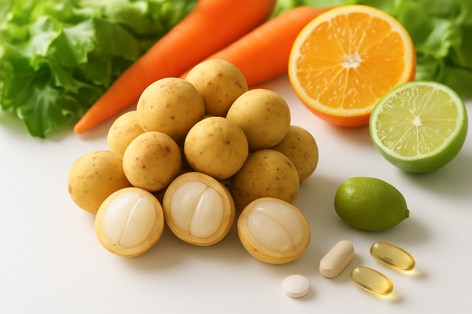 Create a realistic image of fresh langsat fruits arranged on a clean white surface with some fruits cut in half to show their translucent white flesh segments, surrounded by colorful fresh vegetables and fruits like leafy greens, carrots, and citrus fruits to represent nutritional variety, with vitamin supplement capsules and pills scattered nearby, soft natural lighting from above creating gentle shadows, clean and bright composition suggesting health and wellness, absolutely NO text should be in the scene.