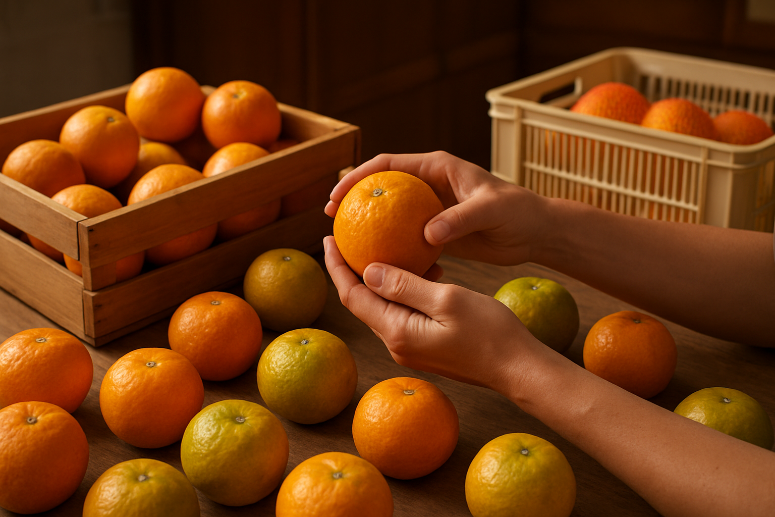 Create a realistic image of fresh oranges being carefully selected and organized for storage, showing hands examining oranges for quality with some oranges in a wooden crate, others arranged on a rustic wooden table, displaying various stages of ripeness from bright orange to slightly green, with proper storage containers like mesh bags and ventilated boxes nearby, soft natural lighting highlighting the texture and color of the orange peels, warm kitchen or pantry setting in the background, absolutely NO text should be in the scene.