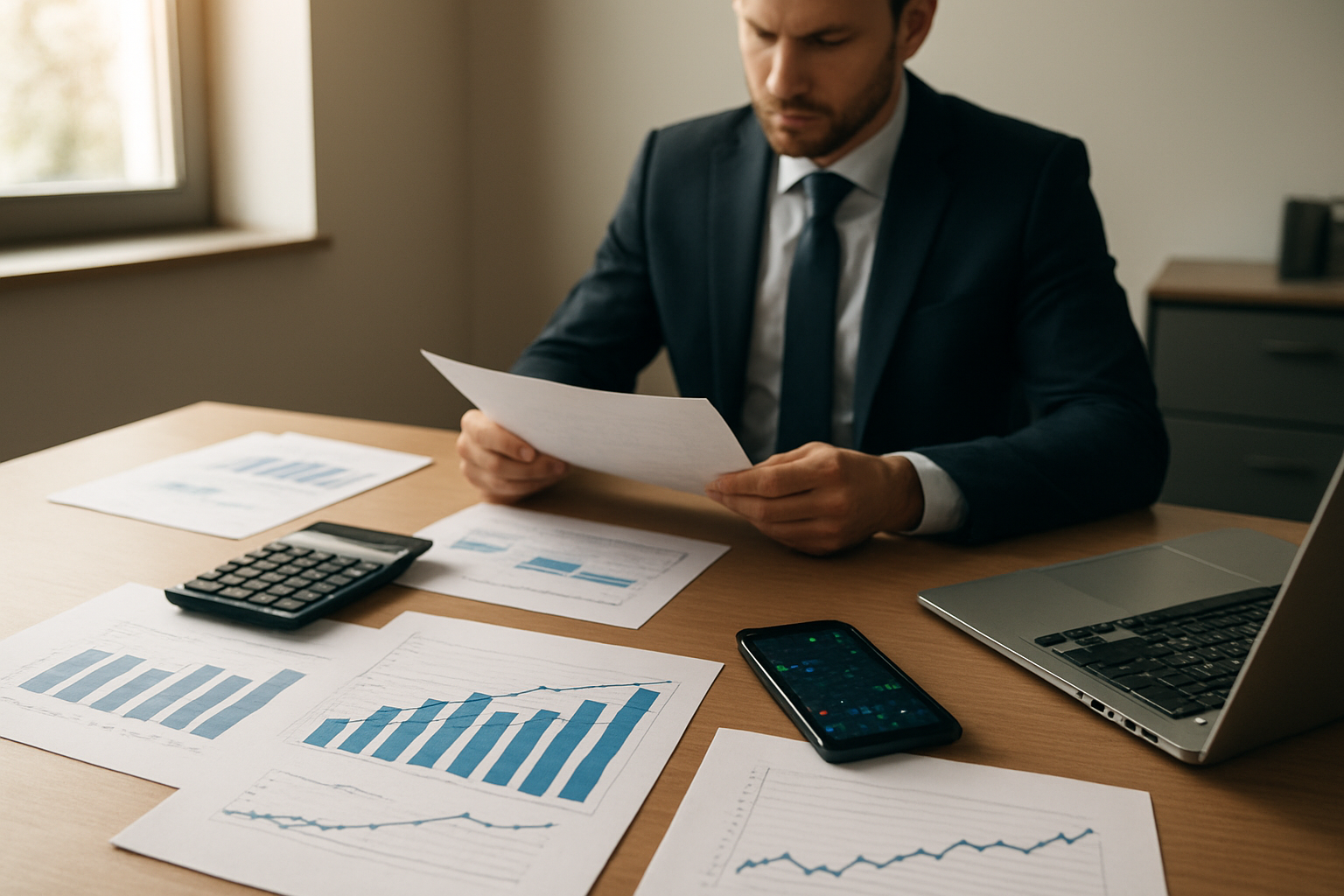 Create a realistic image of a modern office desk with financial planning materials including investment charts, graphs showing upward trends, a calculator, smartphone displaying market data, laptop computer, and scattered financial documents, with a white male financial advisor in a business suit reviewing documents in the background, warm natural lighting from a window, professional corporate atmosphere, clean and organized workspace setup, absolutely NO text should be in the scene.
