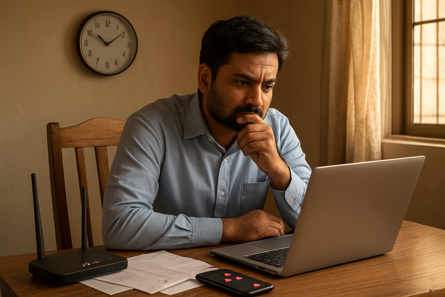 Create a realistic image of a South Asian male professional sitting at a home office desk looking thoughtfully at a laptop screen with a slightly concerned expression, surrounded by common remote work challenges visualized through symbolic elements like a WiFi router with weak signal indicators, an unstable wooden chair, papers scattered on the desk, a clock showing late hours, and a smartphone displaying multiple notification icons, set against a modest Pakistani home interior background with warm natural lighting filtering through a window, creating a scene that depicts the struggle of overcoming remote work obstacles, Absolutely NO text should be in the scene.