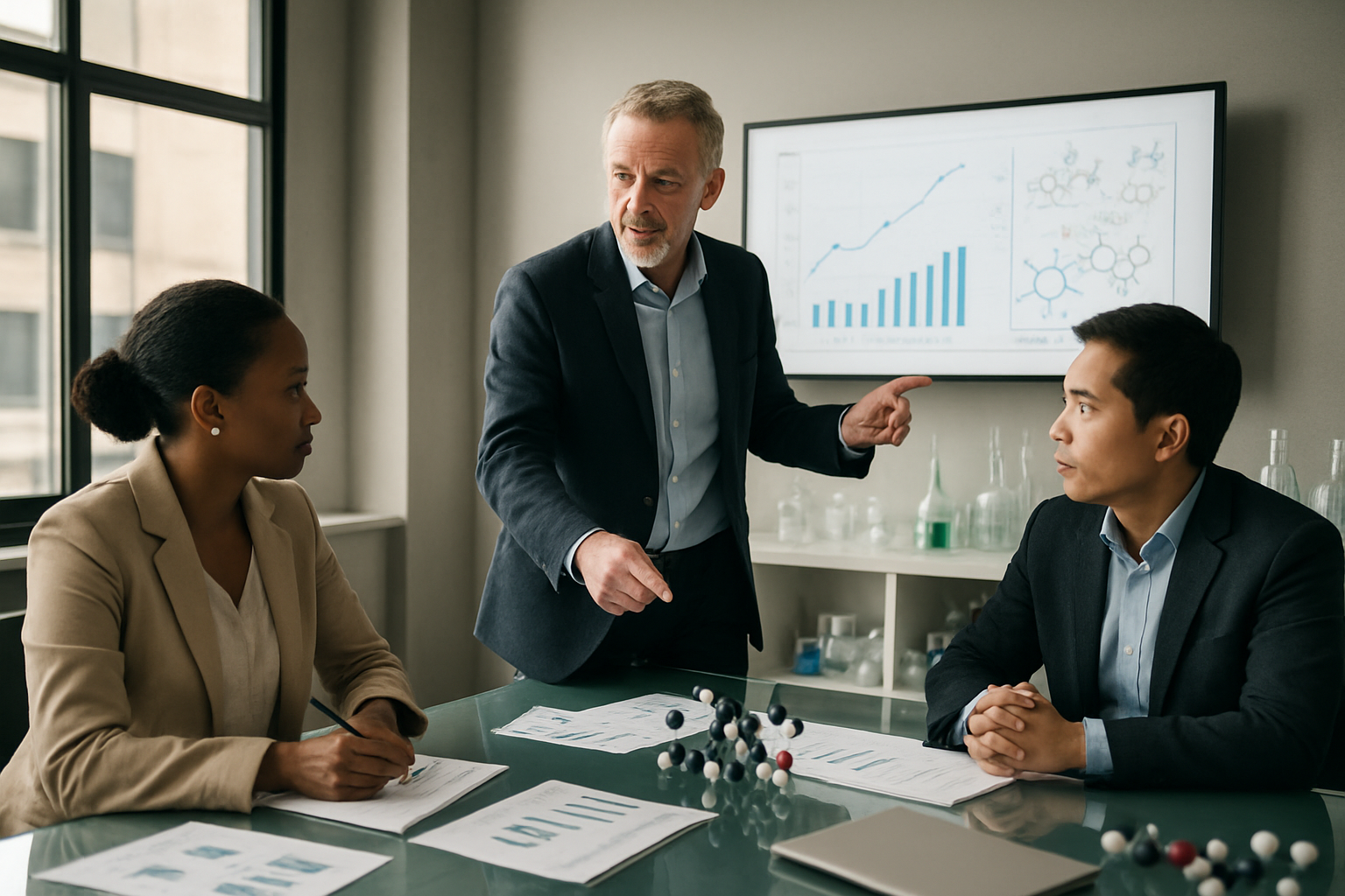 Create a realistic image of a diverse group of experienced biotech executives and founders sharing knowledge in a modern conference room, featuring a middle-aged white male founder pointing to scientific charts on a wall-mounted screen, a black female executive taking notes at a glass table, and an Asian male founder listening intently, surrounded by pharmaceutical research documents, molecular structure models, and medical equipment in the background, with warm natural lighting from large windows creating a professional mentoring atmosphere, absolutely NO text should be in the scene.