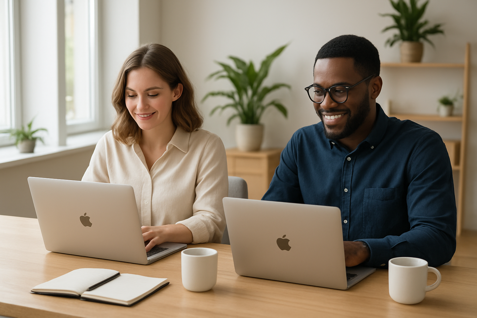 Create a realistic image of a diverse professional workspace showing a white female and black male working remotely on Apple MacBook laptops in a modern home office setting, with Apple logo visible on laptop covers, clean minimalist desk setup with notebooks and coffee cups, natural lighting from large windows, plants in background, conveying success and productivity in remote work environment, warm and inspiring atmosphere suggesting career achievement and work-life balance, absolutely NO text should be in the scene.