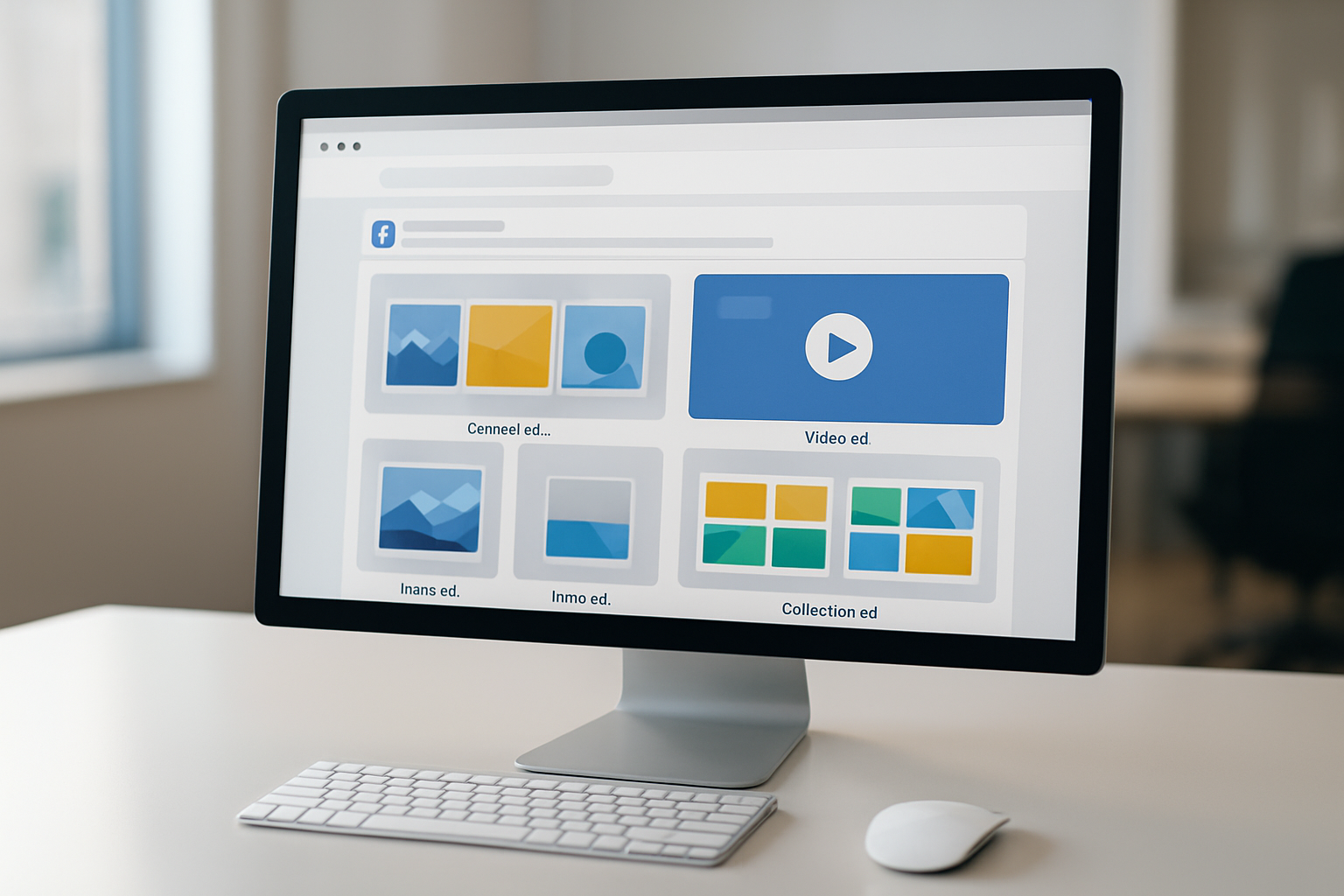 Create a realistic image of a modern computer monitor displaying Facebook's advertising interface with multiple campaign format icons and options visible on screen, including carousel ads, video ads, image ads, and collection ads represented by colorful thumbnails and preview windows, with a clean white desk surface, wireless mouse and keyboard nearby, soft natural lighting from a window creating gentle shadows, professional office environment in the background slightly blurred, emphasizing the digital marketing workspace atmosphere, absolutely NO text should be in the scene.