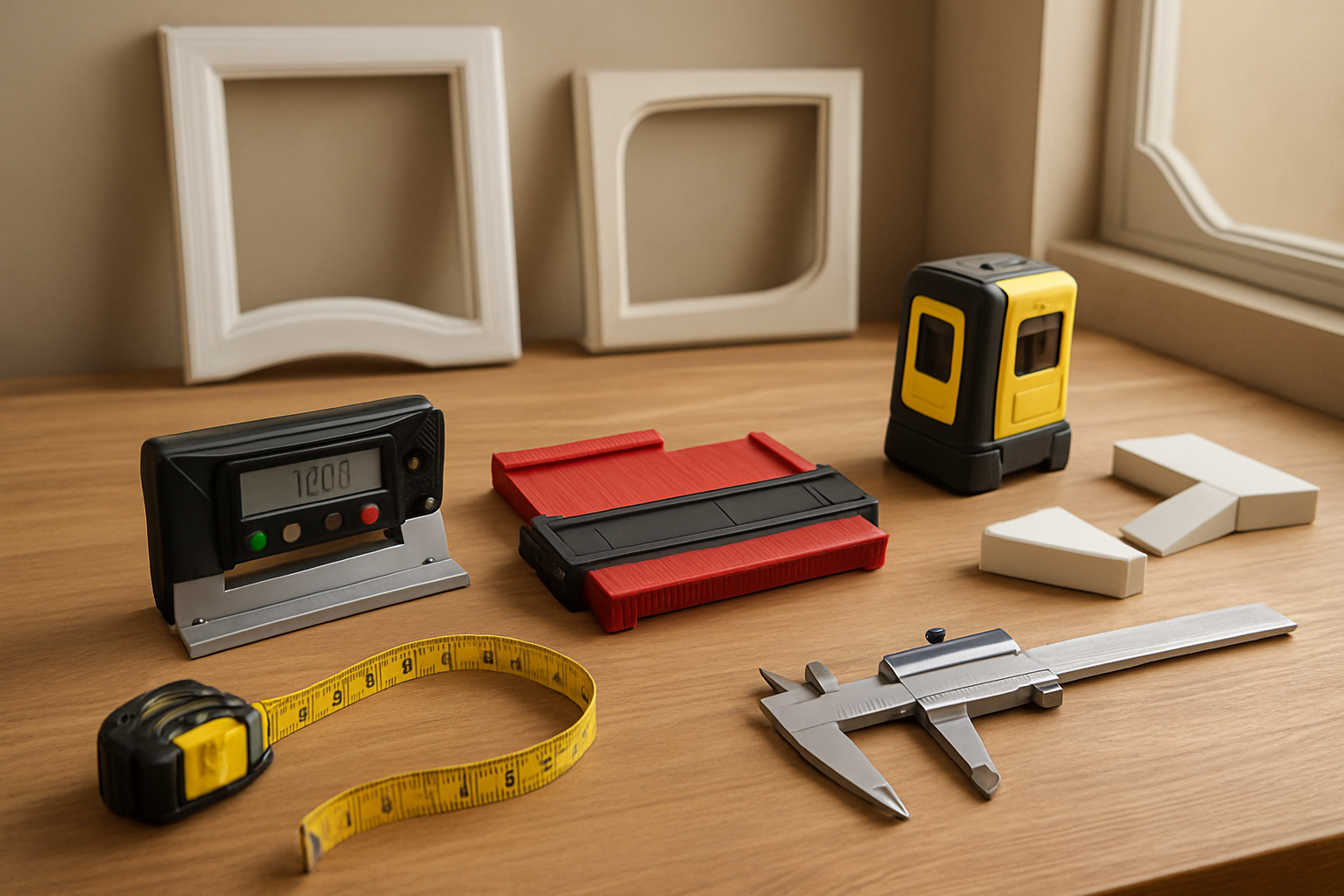 Create a realistic image of advanced measuring tools and instruments for complex window measurements laid out on a wooden workbench, including a digital angle finder, contour gauge, flexible measuring tape, laser level, and precision calipers, with irregular window frames and corner samples in the background showing unusual angles and curved edges, professional workshop lighting with soft shadows, clean organized workspace atmosphere, absolutely NO text should be in the scene.