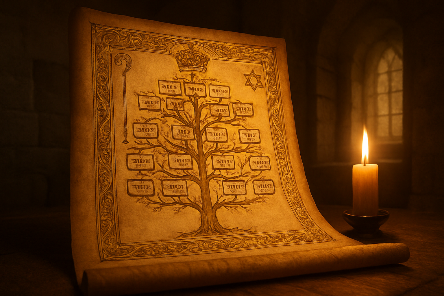 Create a realistic image of an ancient scroll or genealogical tree with golden illuminated manuscript style decorations, featuring branching family lineages with ornate Hebrew or Aramaic calligraphy, set against a warm candlelit background in a stone chamber or ancient library, with soft golden lighting filtering through arched windows, including symbolic elements like a crown, shepherd's staff, and Star of David subtly integrated into the decorative borders, conveying a sense of divine prophecy and sacred heritage, absolutely NO text should be in the scene.