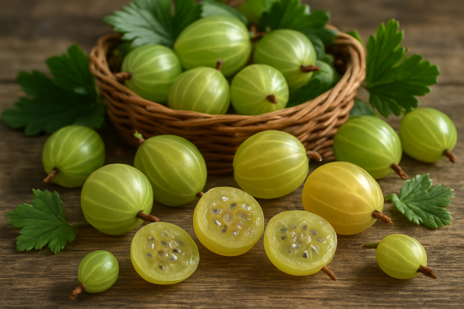 Create a realistic image of fresh gooseberries in various stages of ripeness displayed on a rustic wooden surface, showing both green unripe and translucent ripe gooseberries with their characteristic striped patterns and small stems, some cut in half to reveal the seeds and juicy interior, surrounded by green gooseberry leaves and a few whole berries scattered naturally around a wicker basket, with soft natural daylight creating gentle shadows and highlighting the fruit's glossy texture and translucent quality. Absolutely NO text should be in the scene.