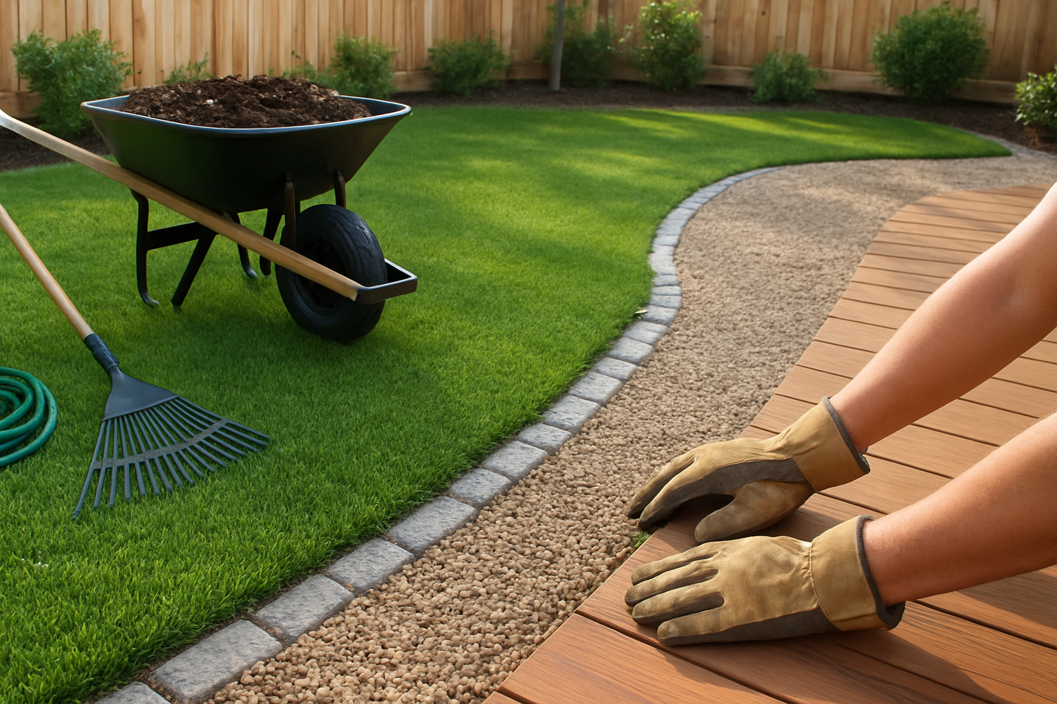 Create a realistic image of a well-maintained backyard dog area showing various ground coverings like artificial turf, gravel pathways, and wooden deck sections, with gardening tools including a rake and hose nearby, some fresh mulch in a wheelbarrow, and a person's hands wearing work gloves adjusting or cleaning one of the ground surfaces, set in bright natural daylight with a clean suburban backyard setting, absolutely NO text should be in the scene.