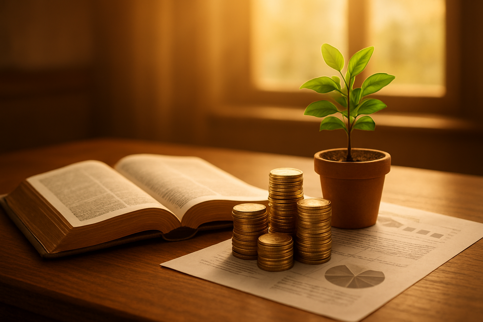 Create a realistic image of an elegant wooden desk with an open leather-bound Bible beside stacks of gold coins and financial documents, with a small potted tree with green leaves symbolizing growth, warm golden lighting streaming through a window, creating a peaceful and prosperous atmosphere that combines spiritual wisdom with financial abundance, absolutely NO text should be in the scene.