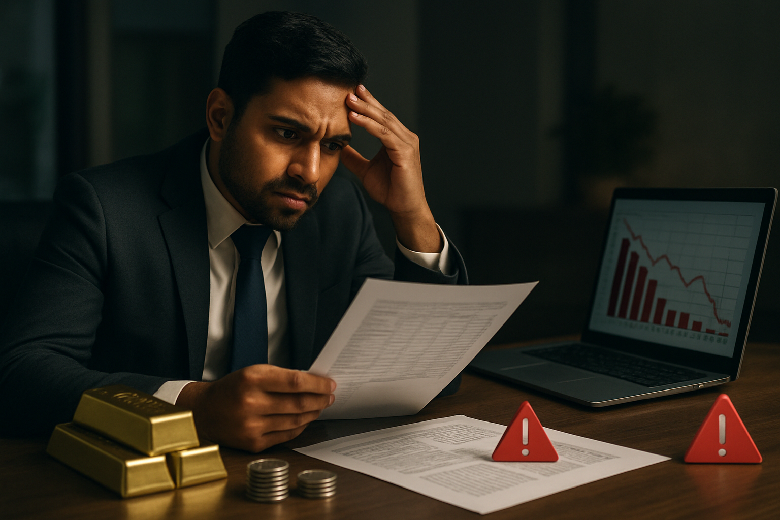 Create a realistic image of a South Asian male investor in business attire looking concerned while reviewing financial documents at a modern office desk, with gold bars, silver coins, and red warning symbols scattered around the workspace, portfolio charts showing declining trends visible on a laptop screen, dim office lighting creating a cautionary atmosphere, absolutely NO text should be in the scene.