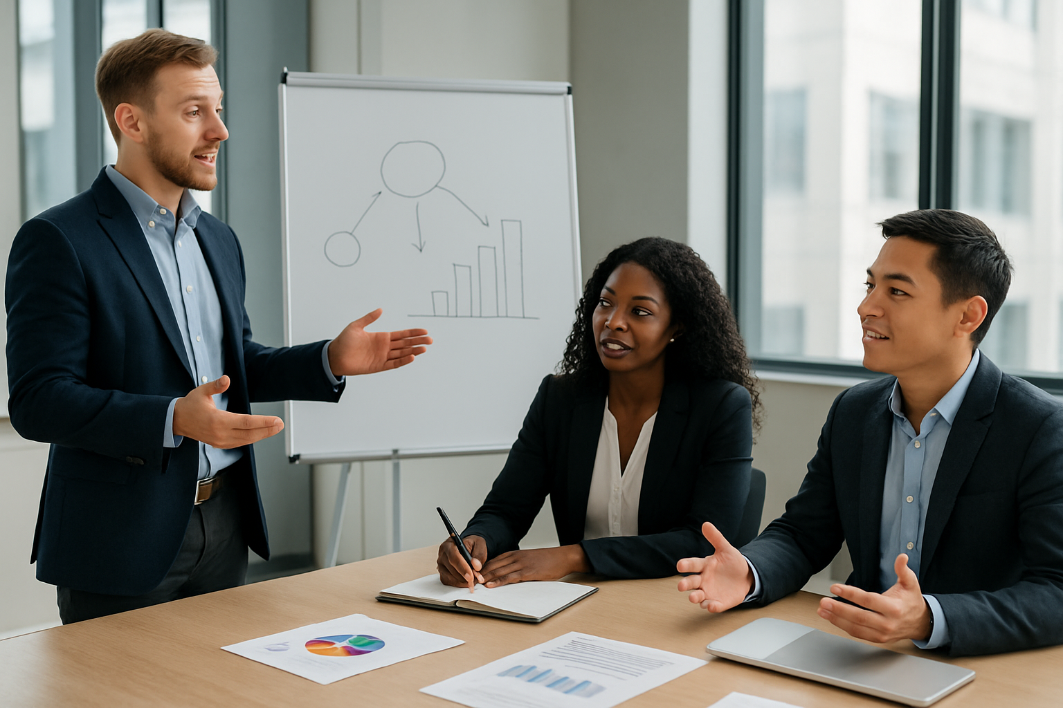 Create a realistic image of a diverse group of three entrepreneurs in a modern conference room setting, with a white male founder gesturing confidently while presenting ideas on a whiteboard, a black female founder actively listening and taking notes with an engaged expression, and an Asian male founder facilitating discussion with open body language, all demonstrating leadership, communication, and collaboration skills through their interactions, with natural lighting from large windows, professional business attire, and a clean contemporary office environment with charts and strategic planning materials visible on the table, conveying a productive and focused atmosphere of skill development and teamwork, absolutely NO text should be in the scene.